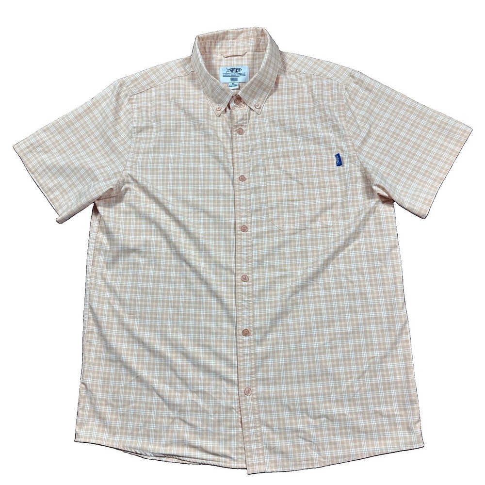 AFTCO Shirt Mens Medium Peach Plaid Button Down Short Sleeve Fishing Lightweight